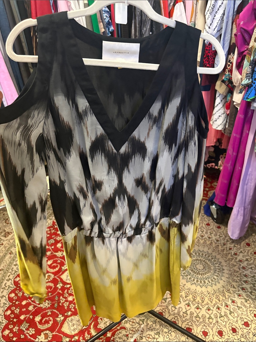 leifsdottir Black, Gray and Yellow Ikat Cold-Shoulder Tunic Dress